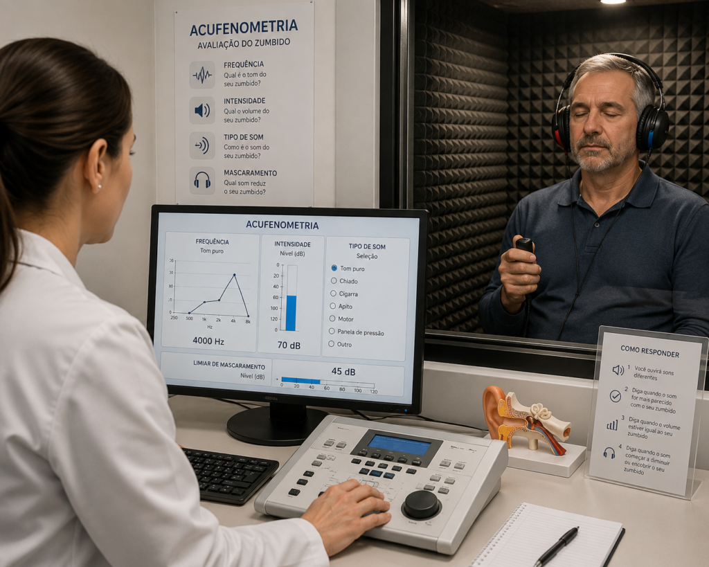 Homem numa sala fazzendo o exame acufenometria